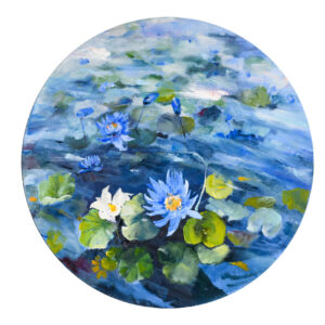 'Life 2', o pictură circulară vibrantă de Flori Buldus, simbolizând simbioza dintre lumea subacvatică și cea botanică.