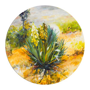 Detaliu al 'Life 3', un segment vibrant al picturii circulare de Flori Buldus, capturând o feliuță din simbioza dintre vegetația mediteraneană și nisipul arid
