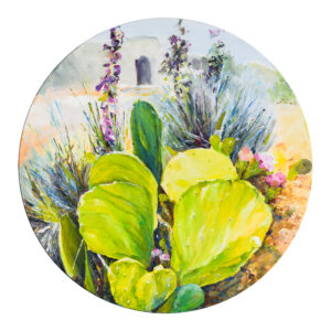 'Life 4', o pictură rotundă vibrantă de Flori Buldus, simbolizând simbioza dintre vegetația mediteraneană și deșertul arid.