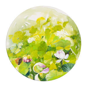 'Life 5', o pictură circulară vibrantă de Flori Buldus, având ca element predominant planta de lotus, simbolizând perfecțiunea, purificarea și detașarea.