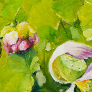Detaliu al 'Life 5', un segment vibrant al picturii rotunde de Flori Buldus, având ca element predominant planta de lotus, simbolizând perfecțiunea, purificarea și detașarea.