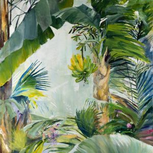 'Botanic' de Flori Bulduș, o pictură verde vibrantă care surprinde frumusețea luxuriantă a naturii.