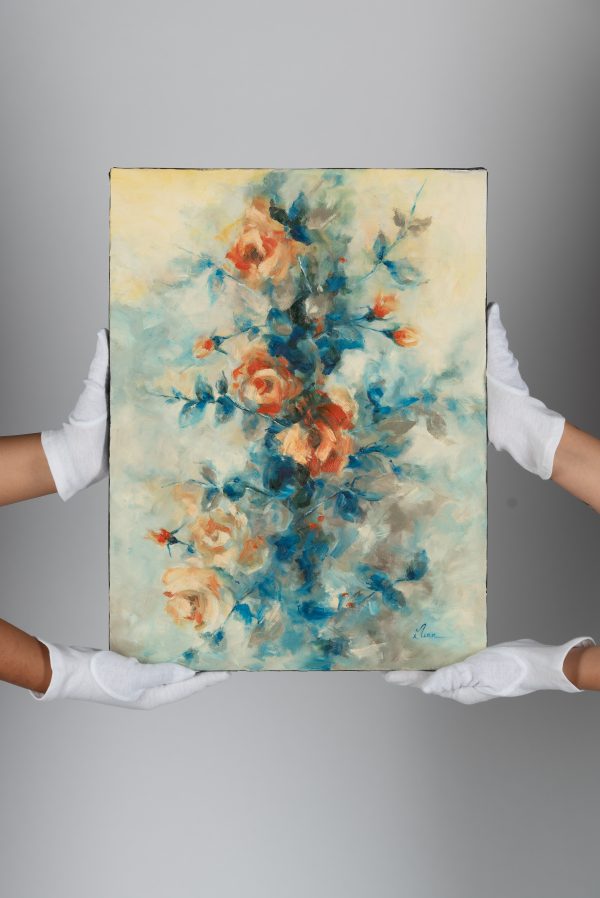 Tablou cu flori 'Vermillion' de Ioana Man, evidențiind intensitatea și simbolismul pigmentului vermillion.